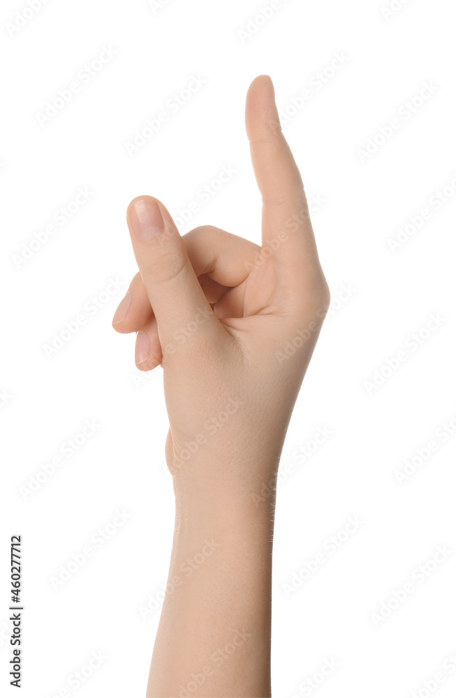 Woman showing index finger isolated on white, closeup