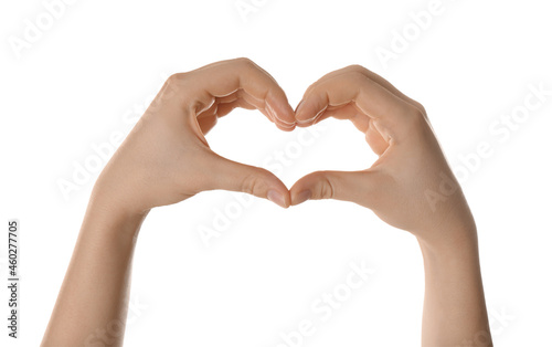 Woman making heart with fingers isolated on white  closeup