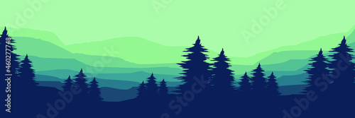 morning forest mountain flat design vector illustration for poster template, web banner, blog banner, website background, tourism promo poster, adventure design backdrop and poster design template 