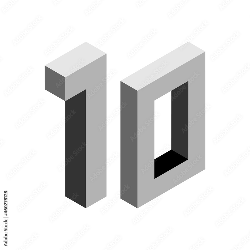 Gray number 10 in isometric style. Isolated on white background. Learning numbers, serial number, price, place. Gray number 10 in isometric style. Isolated on white background. Learning numbers, serial number, price, place.