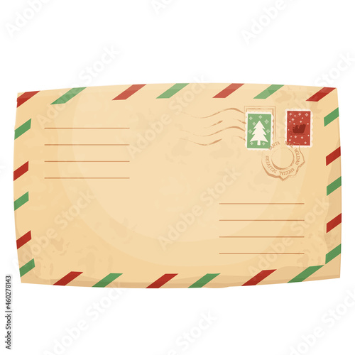 Christmas retro letter, envelope with stamp, seal in cartoon style isolated on white background. Greeting, decoration. Vintage textured paper. . Vector illustration