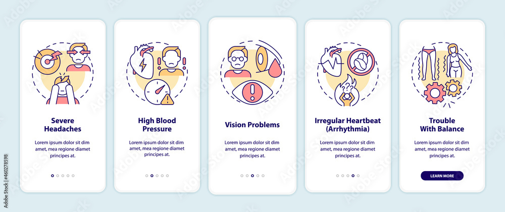 Hypertension symptoms onboarding mobile app page screen. Headache and arrhythmia walkthrough 5 steps graphic instructions with concepts. UI, UX, GUI vector template with linear color illustrations