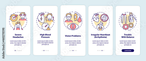 Hypertension symptoms onboarding mobile app page screen. Headache and arrhythmia walkthrough 5 steps graphic instructions with concepts. UI, UX, GUI vector template with linear color illustrations