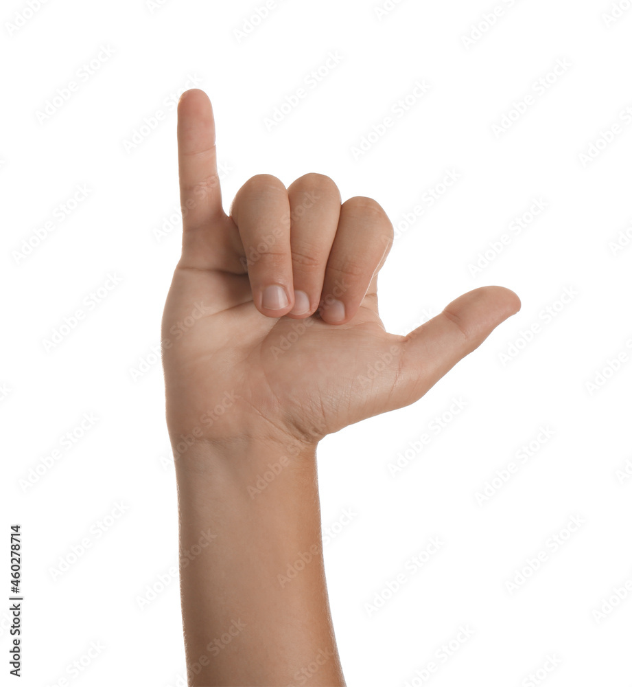 Teenage boy showing call me gesture on white background, closeup Teenage boy showing call me gesture on white background, closeup