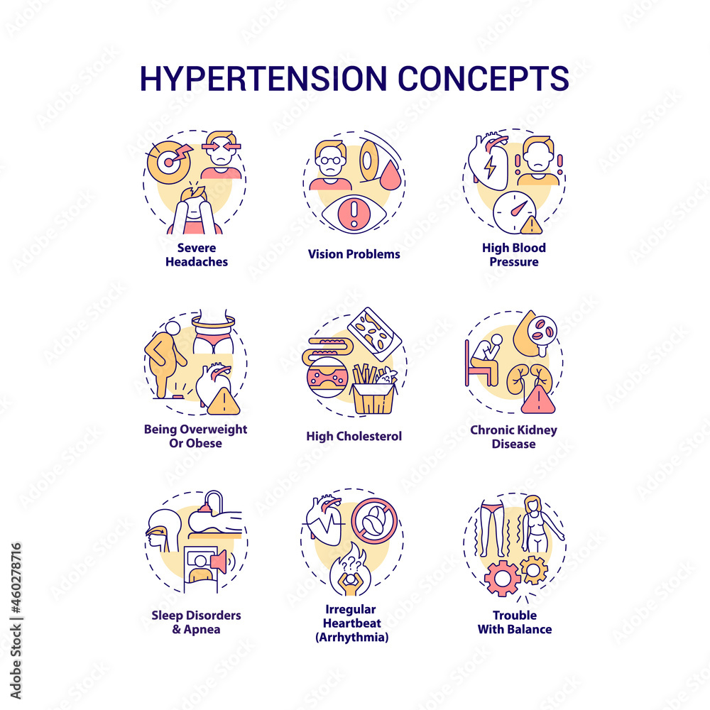 Hypertension concept icons set. High blood pressure condition idea thin line color illustrations. Severe headaches. Being overweight and obese. Vector isolated outline drawings. Editable stroke