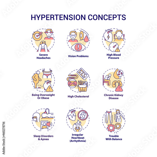 Hypertension concept icons set. High blood pressure condition idea thin line color illustrations. Severe headaches. Being overweight and obese. Vector isolated outline drawings. Editable stroke