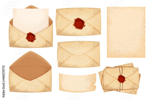 Set vintage envelope, letters, paper with red wax seal in cartoon style isolated on white background. Old grunge paper,textured. Antique mail, correspondence. Vector illustration