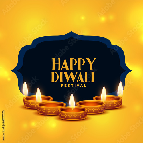 realistic happy diwali card with diya decoration