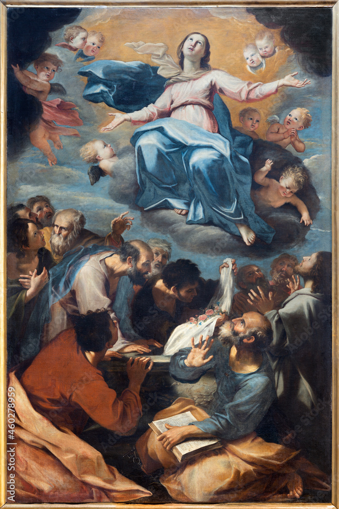 ROME, ITALY - AUGUST 31, 2021: The painting of Assumption in the church Santa Maria in Monticelli by Andrea Sacchi (1630).