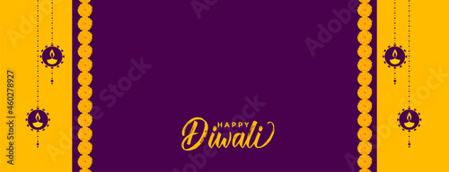 happy diwali decorative yellow purple banner with text space