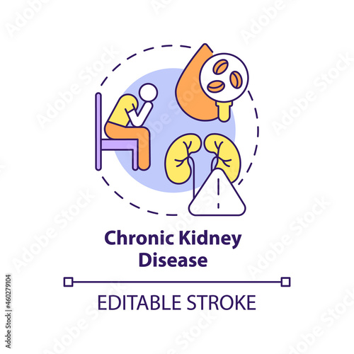 Chronic kidney disease concept icon. Hypertension cause abstract idea thin line illustration. Kidney function loss. Persistent renal disease. Vector isolated outline color drawing. Editable stroke