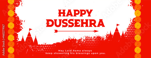 happy dussehra red banner with temples and flowers