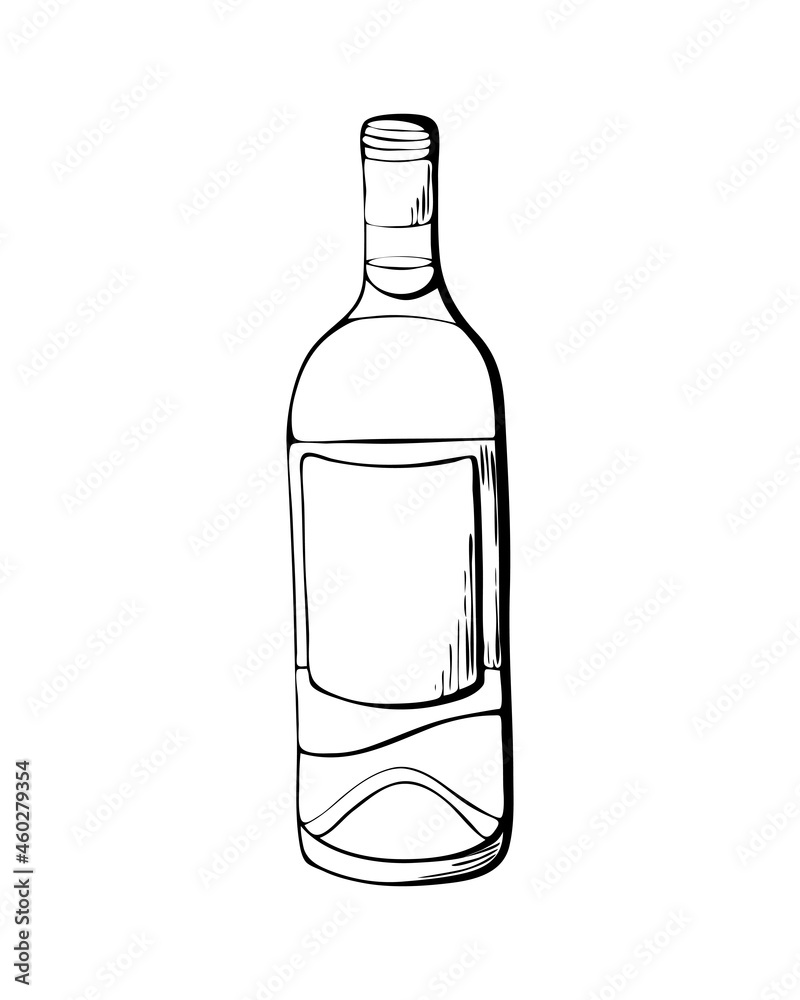 Wine bottle stylized hand drawing doodling, black outline, silhouette, sketch, isolated, white background. Vector illustration Wine bottle stylized hand drawing doodling, black outline, silhouette, sketch, isolated, white background. Vector illustration