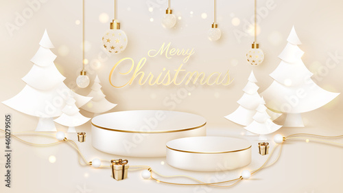 Product podium with white christmas tree with lamp, gift box, ball and blurred and bokeh element, Luxury celebration background design, 3d realistic banner scene, Vector illustration.