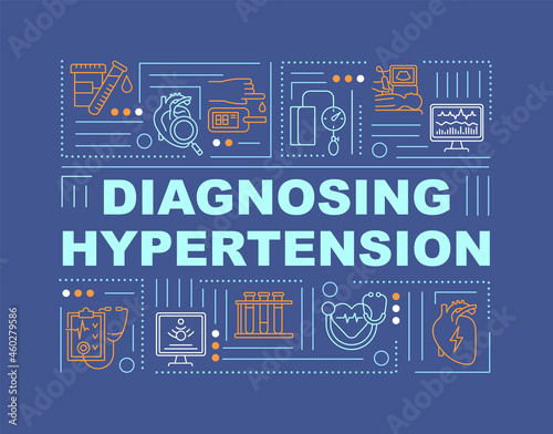 Diagnosing hypertension word concepts banner. Regular health checkup. Infographics with linear icons on blue background. Isolated creative typography. Vector outline color illustration with text
