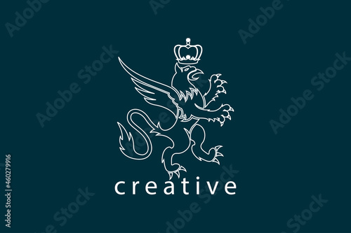 Template desain logo. Lambang heraldik singa bermahkota.