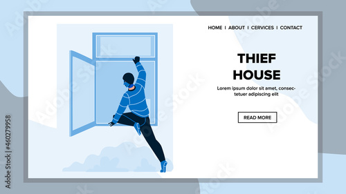 Robber Criminal Man Hacking And Thief House Vector. Burglar Guy In Balaclava Thief House, Breaking And Climbing In Window. Character Robbery Crime Occupation Web Flat Cartoon Illustration