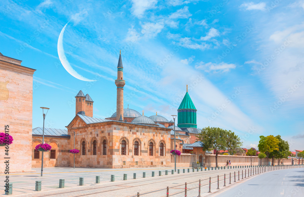 Mevlana museum mosque with crescent moon - Konya, Turkey