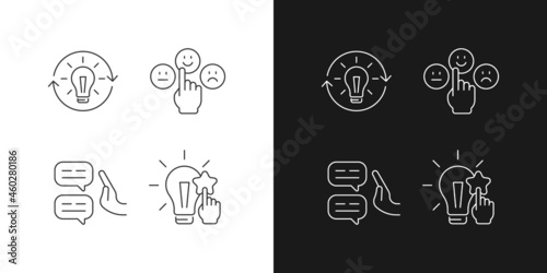 Logical and rational thinking linear icons set for dark and light mode. Emotional maturity. Skeptical view. Customizable thin line symbols. Isolated vector outline illustrations. Editable stroke