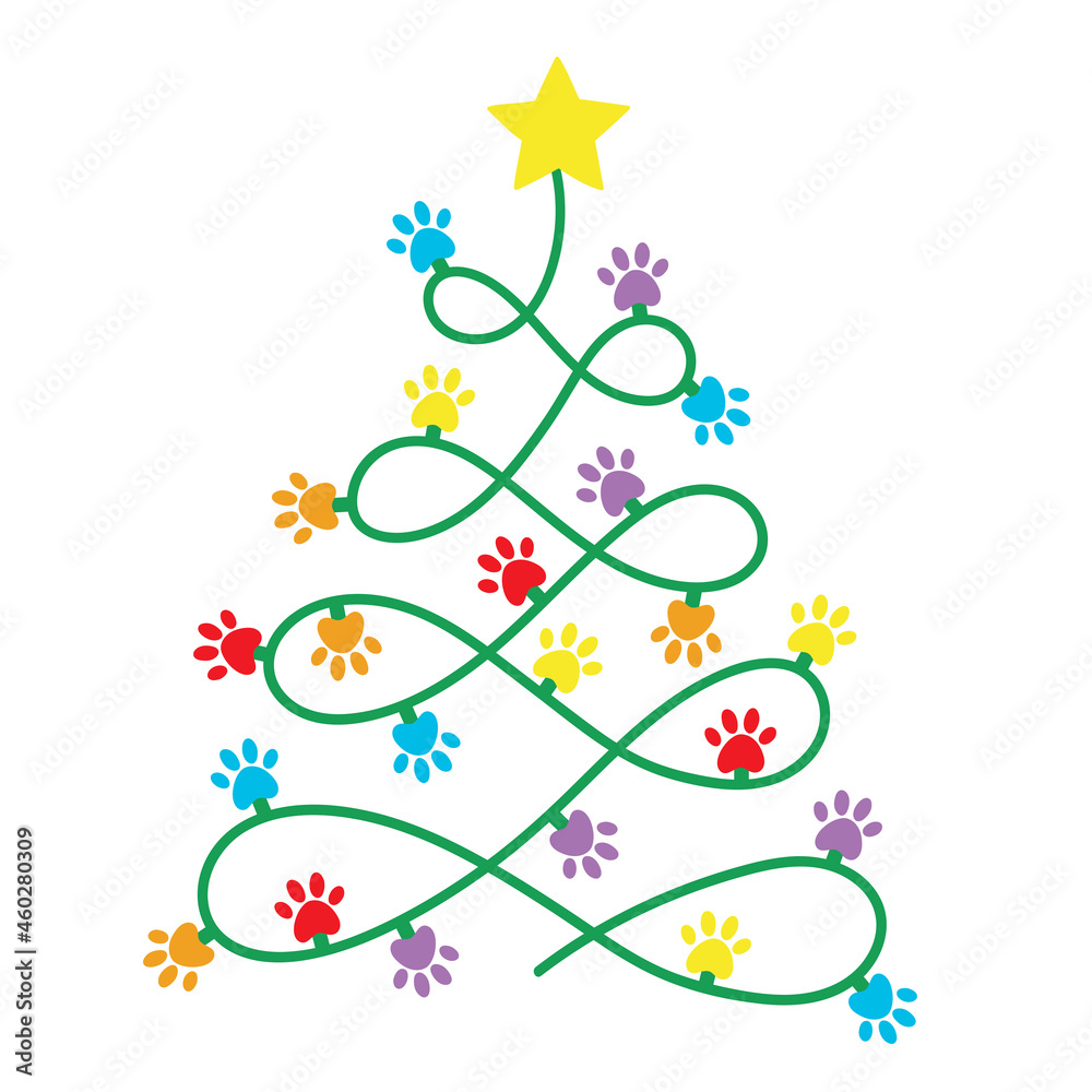 Christmas tree with christmas lights. Merry  Christmas. Paws prints dog. Love dogs. Vector illustration. Isolated on white background.