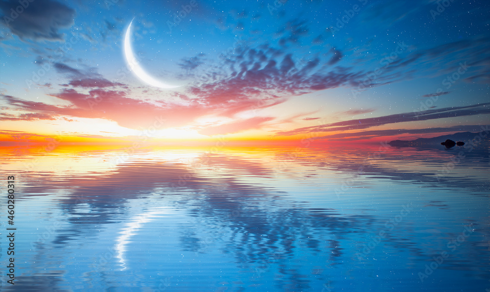 Obraz premium Abstract background with Crescent moon over the sea at sunset