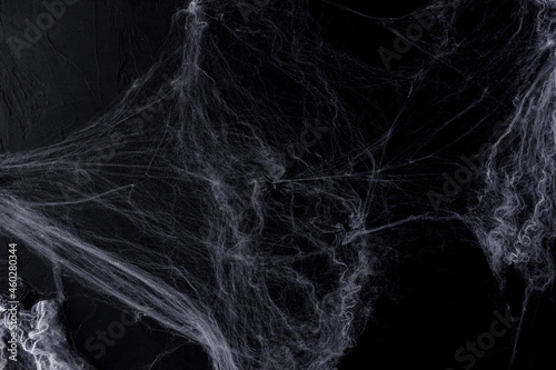 Halloween background with spider web on the black background. Happy Halloween concept.
