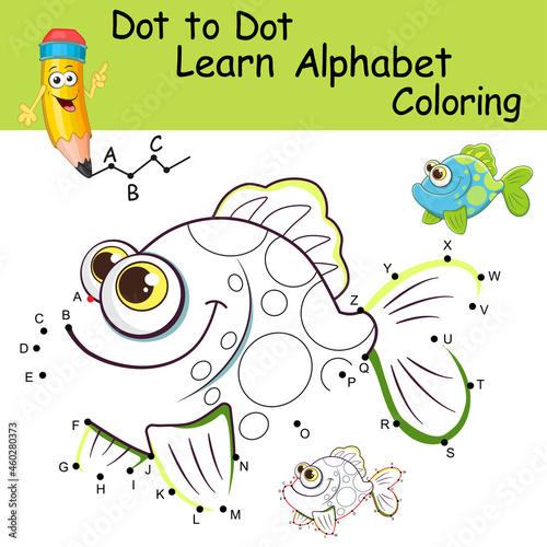Fish. Learning the uppercase letters of the English alphabet with cartoon Fish. Dot to dot game with letters for kids. Logic Game and Coloring Page for preschool. Worksheet for practicing alphabet.