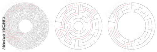 Circle, circular maze, labyrinth riddle game set. Problem solving, rebus, puzzle, brain teaser concept s