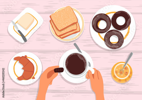 Hands with a mug of coffee and a candy. Croissant, butter, bread, jam and donuts on the table. Sweet breakfast. Top view. Vector Illustration, flat style