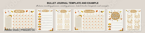 Autumn monthly planner, weekly planner, habit tracker template and example.  Template for agenda, schedule, planners, checklists, bullet journal, notebook and other stationery.
