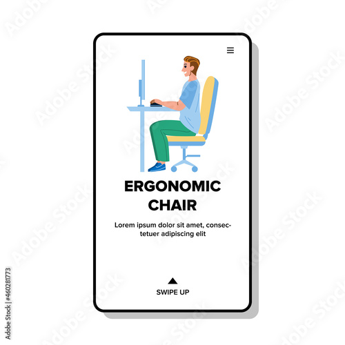 Ergonomic Chair For Correct Healthy Posture Vector. Man Worker Sitting On Ergonomic Chair For Comfortable And Healthcare Pose And Work At Workspace. Character Position Web Flat Cartoon Illustration