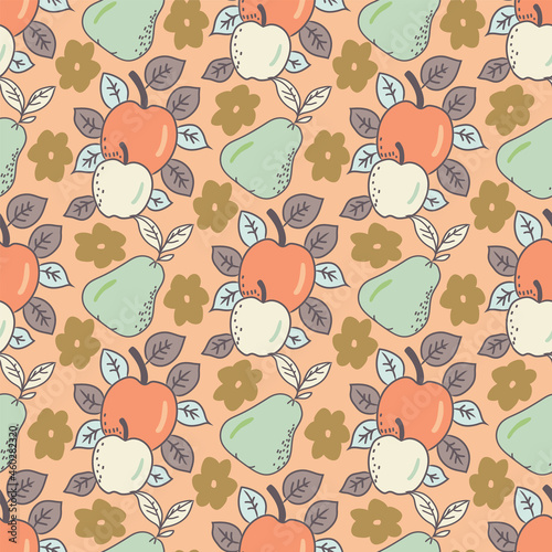 Vector autumn fruits apples and pears seamless pattern.