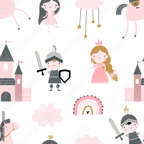 Vector hand-drawn colored childrens seamless repeating pattern with cute princess, castle, knight, rainbow on a white background. Creative kids texture for fabric, wrapping, textile, wallpaper.