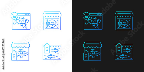 Seafood product selling gradient icons set for dark and light mode. Fishing industry. Thin line contour symbols bundle. Isolated vector outline illustrations collection on black and white