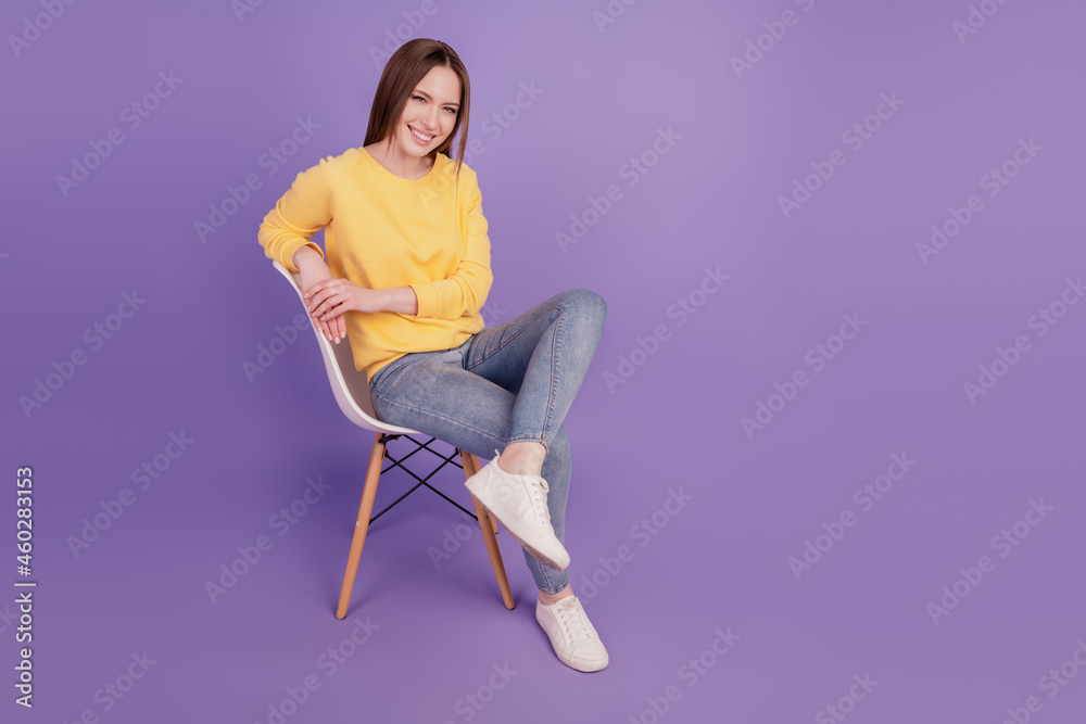 Portrait of dreamy relaxed cute lovely lady sit armchair cheerful smile on purple background Portrait of dreamy relaxed cute lovely lady sit armchair cheerful smile on purple background