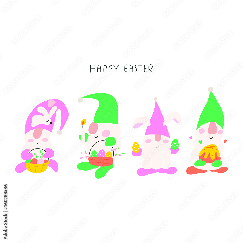 Fototapeta premium Happy Easter. Four funny gnomes. Vector illustration on white background. 