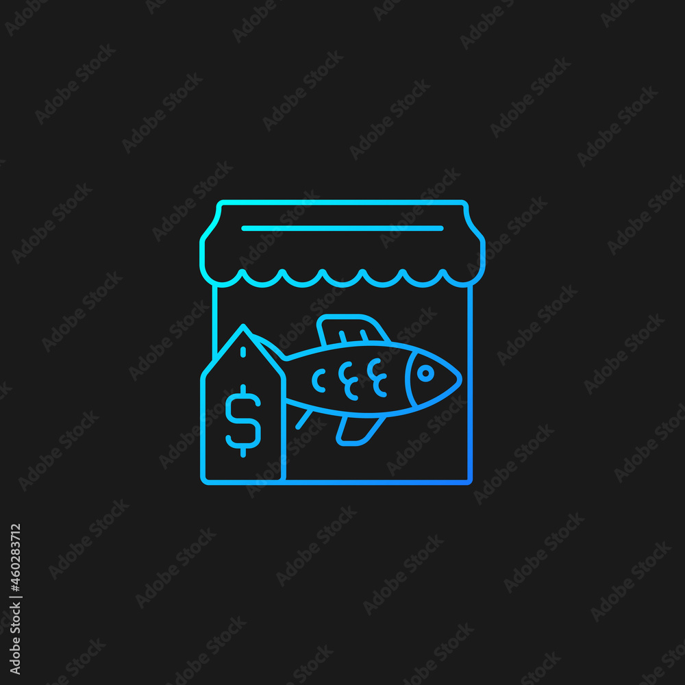 Fish market gradient vector icon for dark theme. Fresh and frozen seafood trade. Fish marketplace. Fishmongers stall. Thin line color symbol. Modern style pictogram. Vector isolated outline drawing Fish market gradient vector icon for dark theme. Fresh and frozen seafood trade. Fish marketplace. Fishmongers stall. Thin line color symbol. Modern style pictogram. Vector isolated outline drawing