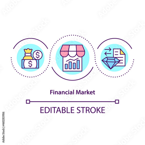 Fototapeta Naklejka Na Ścianę i Meble -  Financial market concept icon. Buying shares. Stock exchange. Financial securities trading abstract idea thin line illustration. Vector isolated outline color drawing. Editable stroke