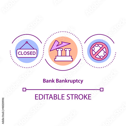 Bank bankruptcy concept icon. Economic crisis. Business recession. Company liquidation process abstract idea thin line illustration. Vector isolated outline color drawing. Editable stroke