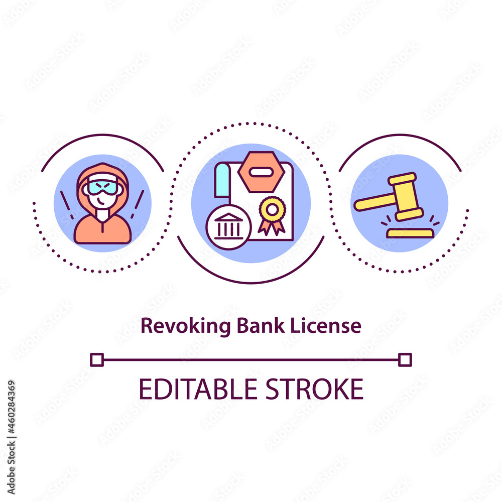 Revoking bank license concept icon. Illegal economical operations. Secure banking business abstract idea thin line illustration. Vector isolated outline color drawing. Editable stroke