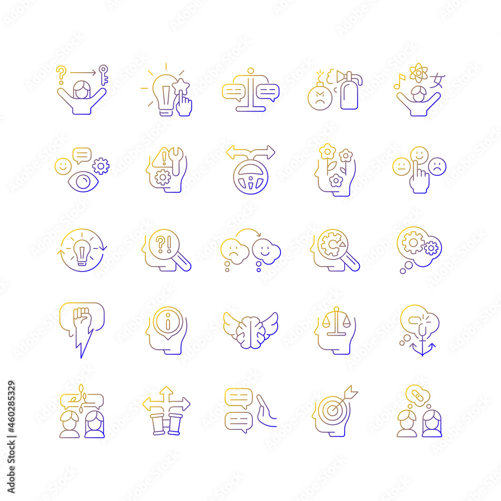 Critical thinking gradient linear vector icons set. Intellectual and logical skills. Evaluation and observation. Thin line contour symbols bundle. Isolated outline illustrations collection Critical thinking gradient linear vector icons set. Intellectual and logical skills. Evaluation and observation. Thin line contour symbols bundle. Isolated outline illustrations collection