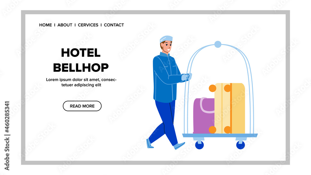 Hotel Bellhop Carrying Baggage On Cart Vector. Hotel Bellhop Man In Uniform Transporting Visitor Luggage To Apartment Room. Character Boy Motel Worker Service Web Flat Cartoon Illustrations