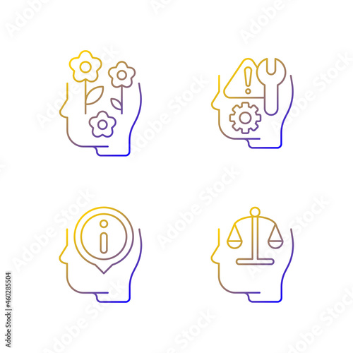 Rational and emotional mindset linear vector icons set. Positive attitude. Rationality. Emotional intelligence. Thin line contour symbols bundle. Isolated outline illustrations collection