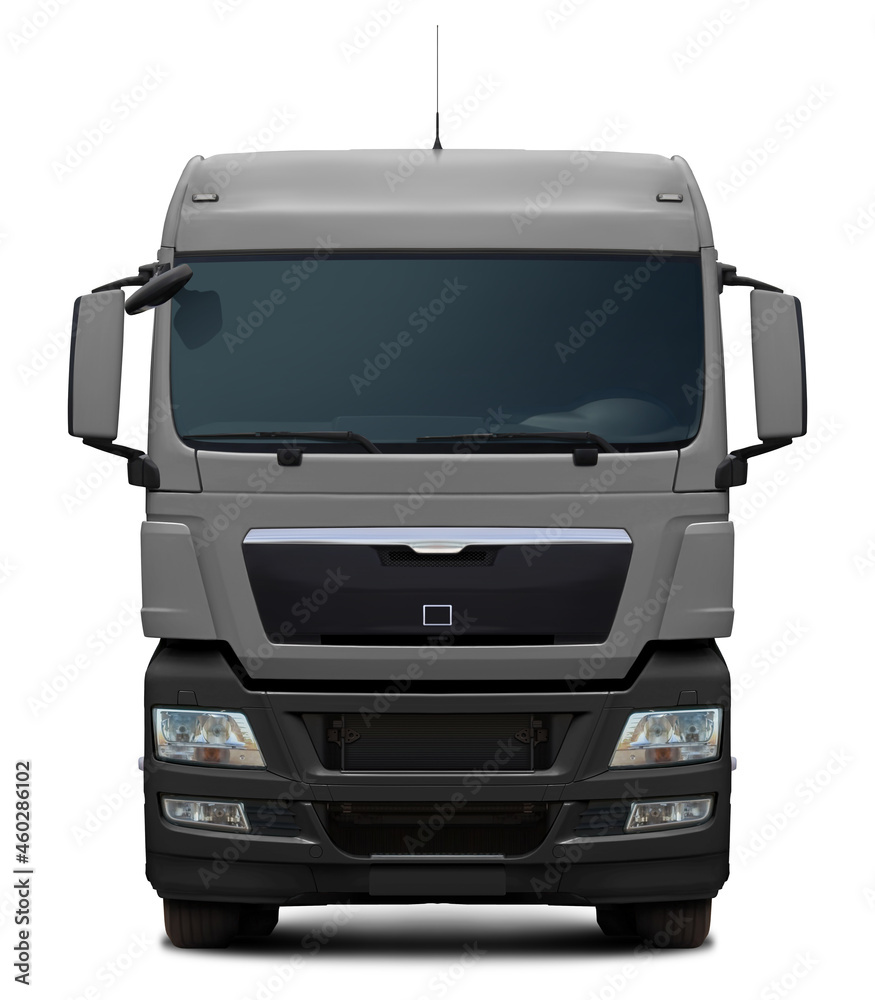 European modern truck in gray with a black plastic bumper. Front view isolated on white background.