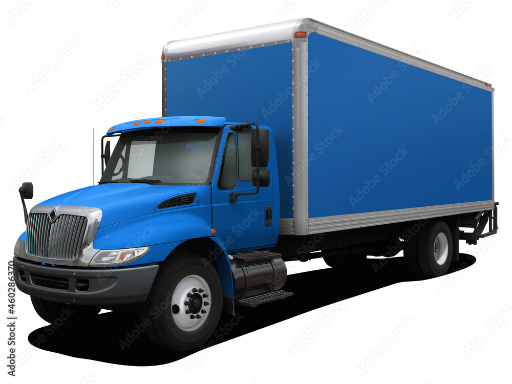 The modern delivery truck is completely blue. Front side view isolated on white background.