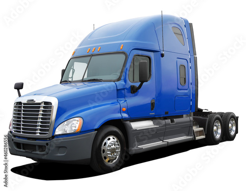 Large American modern tractor truck in full blue color isolated on white background.