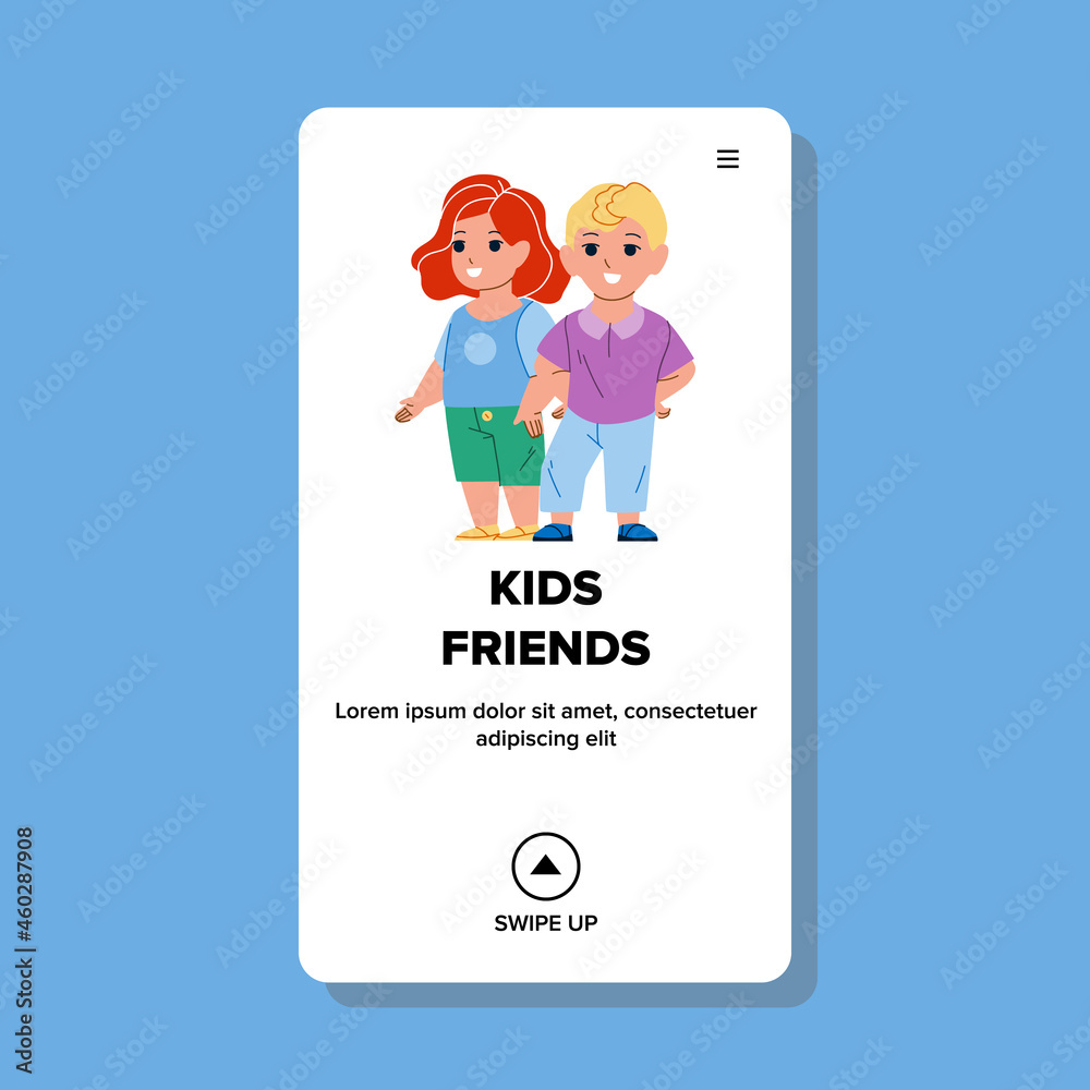 Kids Friends Playing Together On Playground Vector. Boy And Girl Kids Friends Enjoying Game Or Walking Togetherness In Park. Characters Friendship And Enjoyment Web Flat Cartoon Illustration