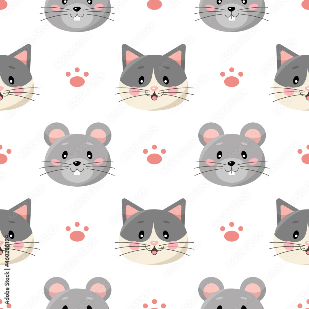 Seamless pattern with cute cartoon cats and mice and paws isolated on white background