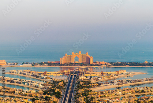 Dubai, UAE - 09.24.2021 Partial view of man made island, Palm Jumeirah and Atlantis hotel. Urban