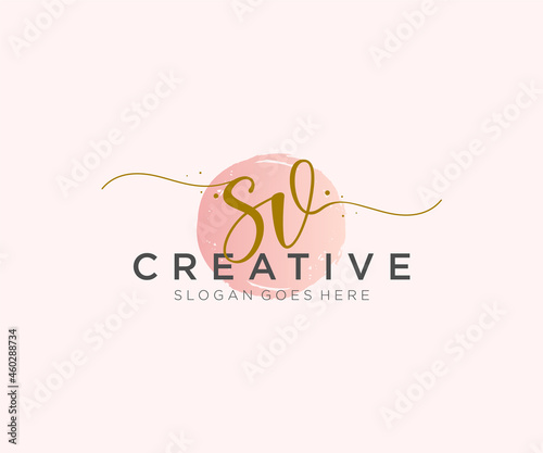 initial SV Feminine logo beauty monogram and elegant logo design, handwriting logo of initial signature, wedding, fashion, floral and botanical with creative template.